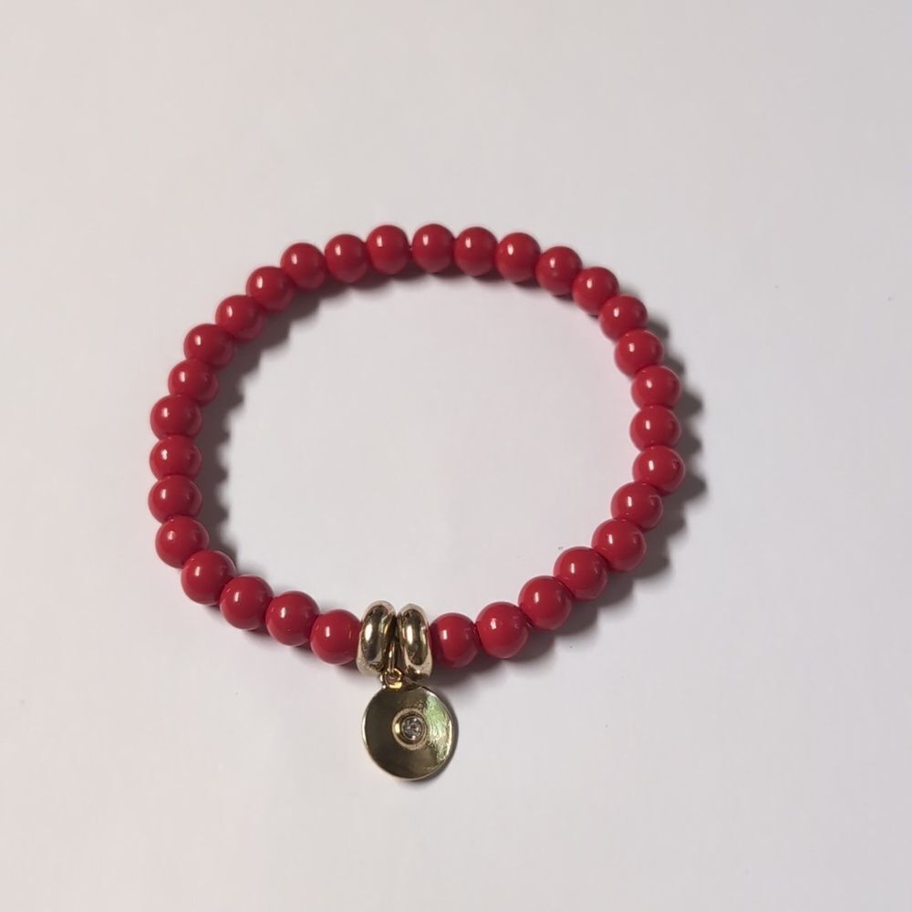 39 Red Beaded Bracelet with Gold Disc and One Rhinestone